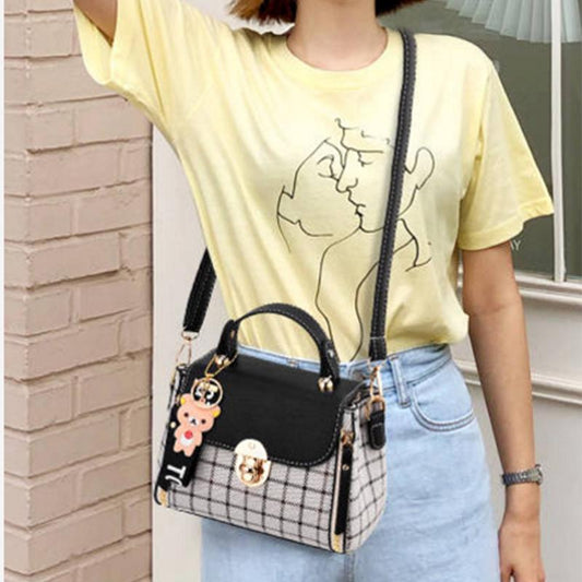 Crossbody Bag Ladies Black PU Leather Waterproof Large Capacity Lattice Bear Handbag Shoulder Bags