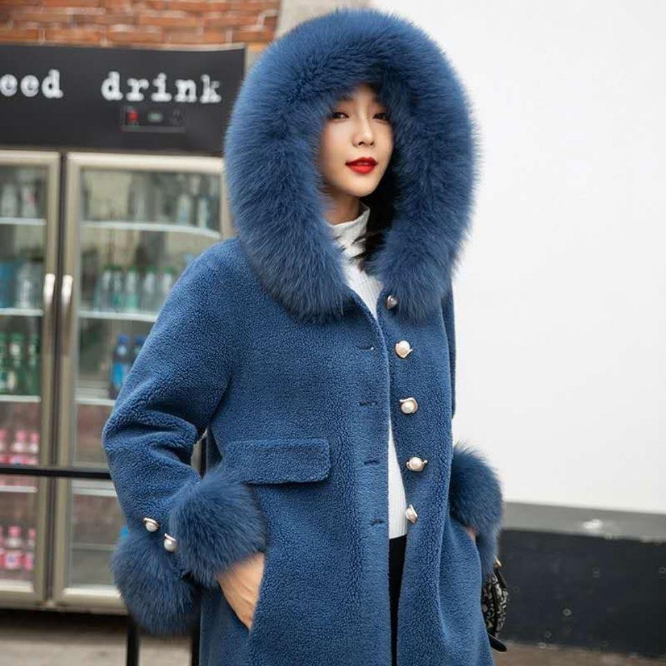 Winter High-end Imitation Fur Coat Women's Slim Thicker Loose  Cotton Top Particle Sheep Shearing Women's Hooded Fox Fur  Coat