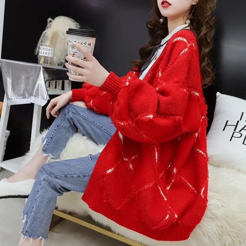 Sweater Jacket Women's Mid-length Loose Knit Cardigan Lazy Style Long-sleeved V-neck Warmth Thick Women's Sweater Jacket