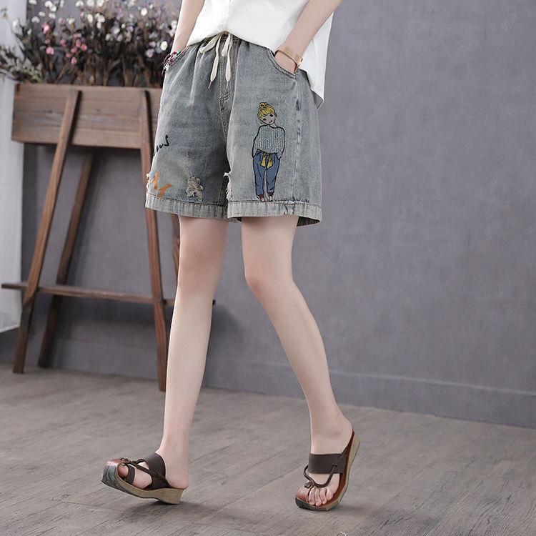 WTEMPO High-waist Denim Shorts Women Loose Wild Thinner Embroidery Elastic Waist Broken Hole Embroidery Retro Straight Leg Pants