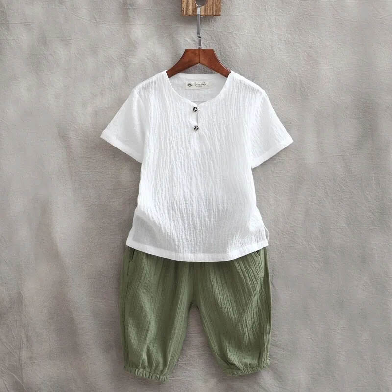 Boys Summer Cotton Linen Breathable Suit Cool and Comfortable Light Thin Solid Color Short Sleeve + Shorts Two-piece Set