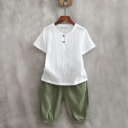 Boys Summer Cotton Linen Breathable Suit Cool and Comfortable Light Thin Solid Color Short Sleeve + Shorts Two-piece Set