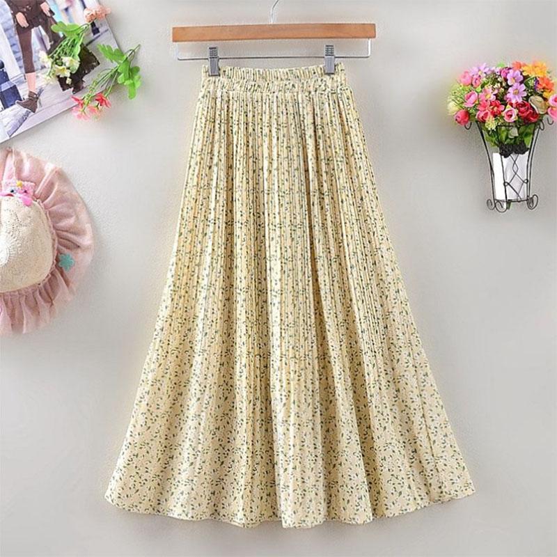 Design Sense Floral Pleated Skirt Women's Spring and Summer Mid-length High Waist All-match Drape A-line Large Swing Skirt