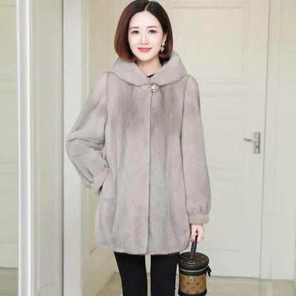 WTEMPO Winter Models of Imitation Mink Fur Coat Loose Mink Fur Coat Women's Hooded Mid-length Thickening