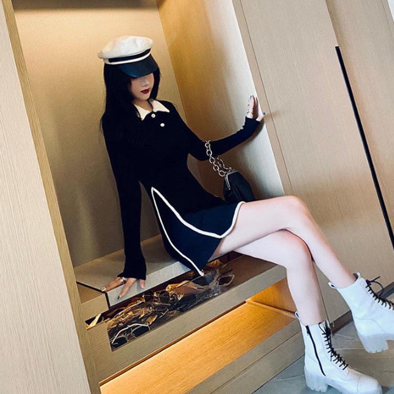 Spring and Autumn Lapel Temperament Short Skirt Casual Hit Color Slim Top Coat Hip Long Sleeve Female Dress