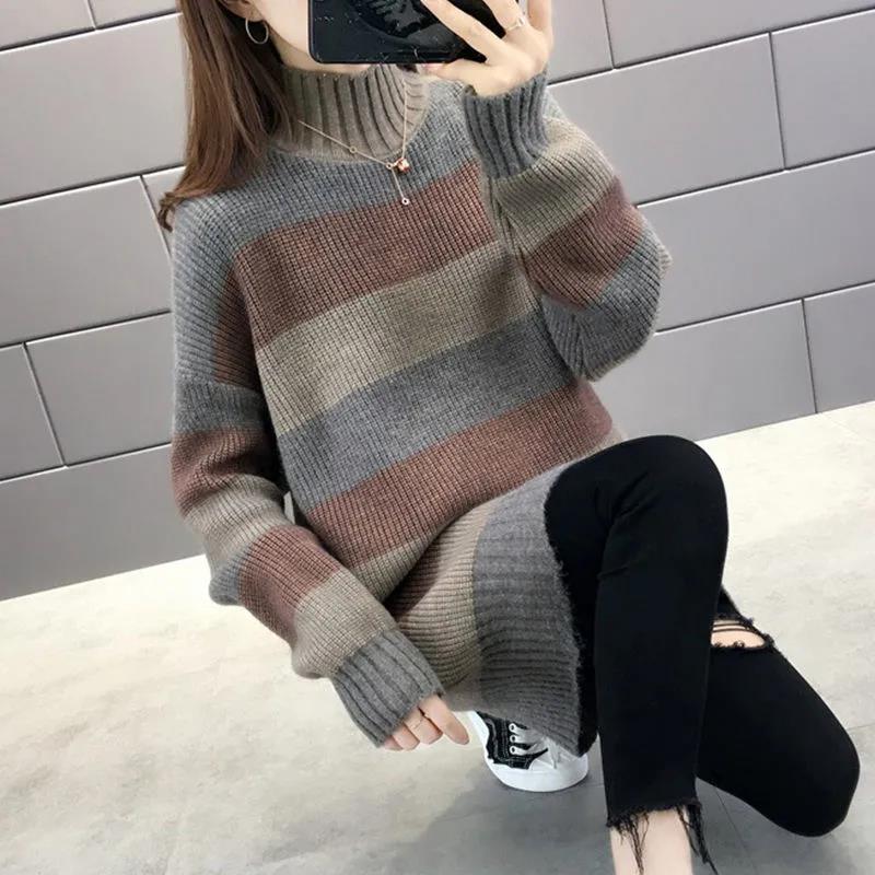 Women's Spring and Autumn Large Size Striped Versatile Loose Knitted Tops Long Sleeve Casual Mid-length Thick Sweaters