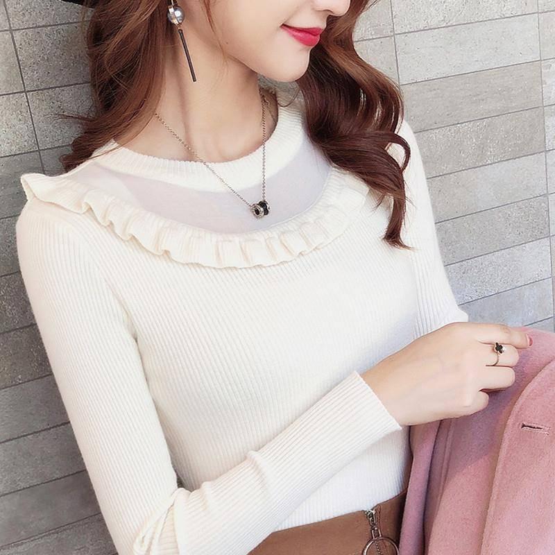 Autumn Winter Jumper Half High Neck Pullovers Sweaters Women Sexy Gray Lace Hollow Knitted Slim Sweater Female Tops