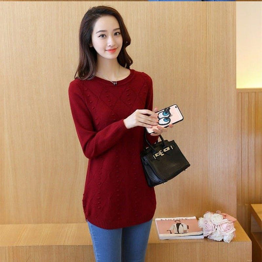 Autumn and Winter Knit Sweater Close-fitting Slim-fit Sweater Women Mid-length Loose Long-sleeved Bottoming Shirt Pullover Round Neck Thin Style