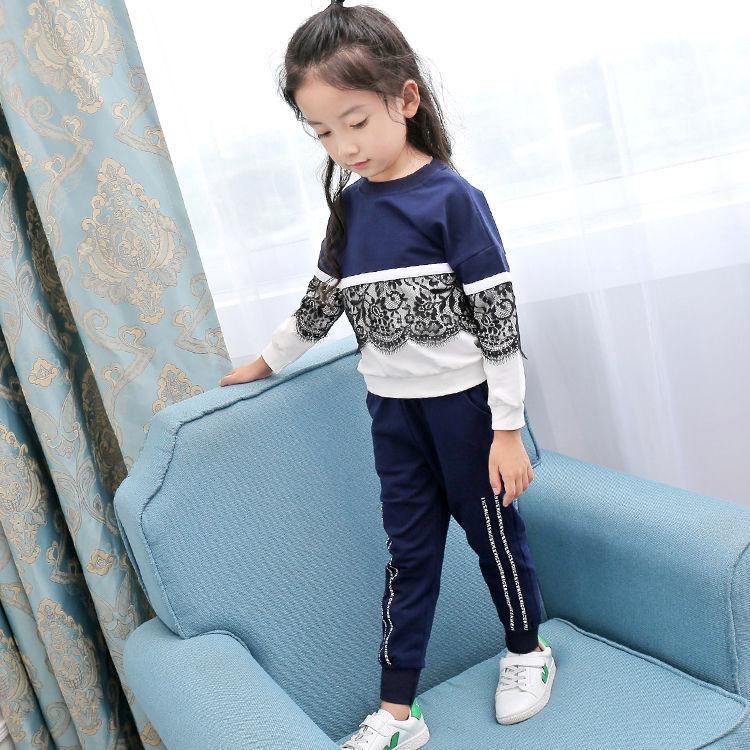 Children's Spring and Autumn 2-piece Sports Suit Korean Lace Stitching Top + Striped Letter Printed Trousers Set