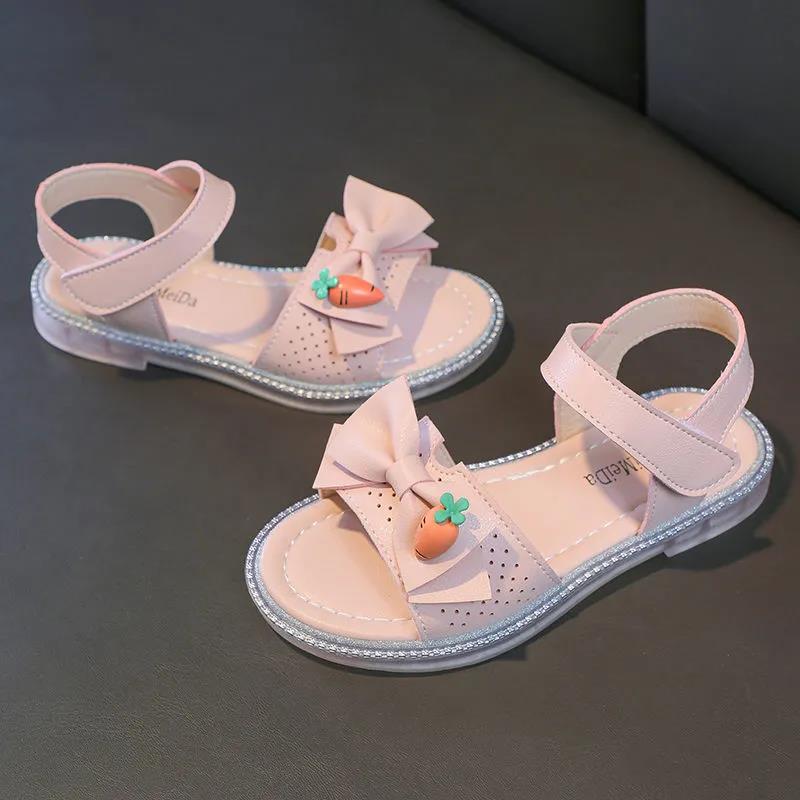 Girl's Sandals In Summer Elegant Girl's Princess Shoes Crystal Soft Bottom Cartoon Carrot Bowknot Big Children's Fish Mouth Cool Shoes