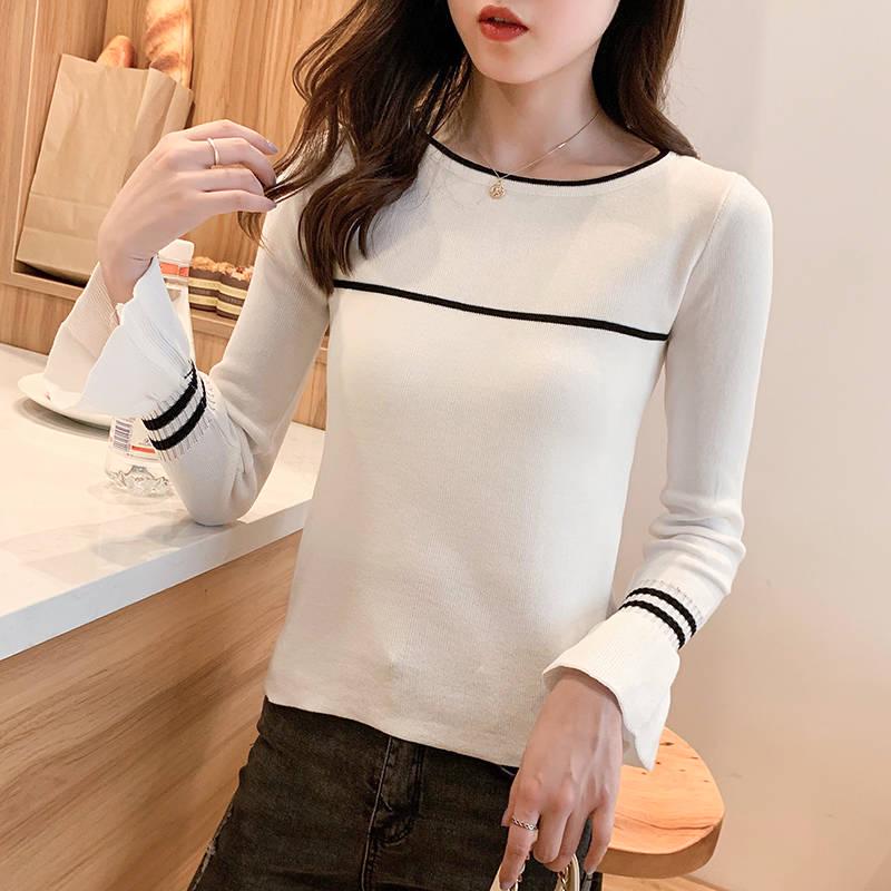 Autumn and Winter Women Sweater All-match Bell Sleeved Shirt Slim One-neck Female Pullover Jumpers