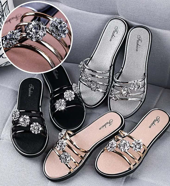 Women Peep Toe Sandals High Quality Rhinestones Slippers Anti Skid Flip Flops Crystal Women Shoes Summer Beach Footwear Lightweight Flat Sandals