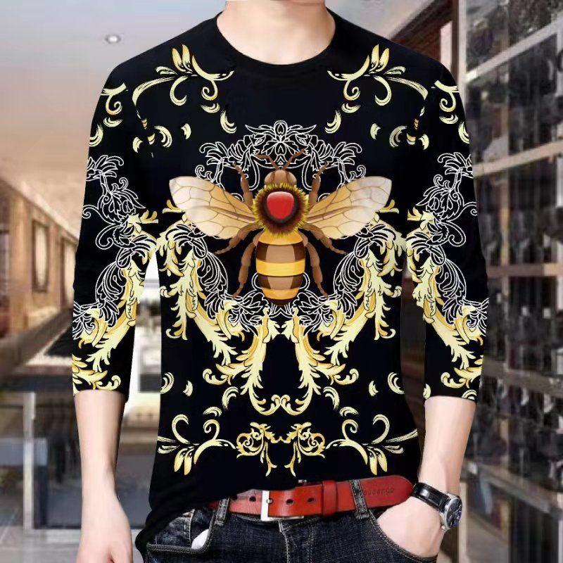 Men's tops spring and autumn men's long-sleeved T-shirt men's 3D printed round neck T-shirt