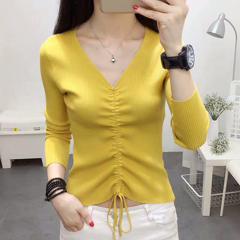 All-match Autumn and Winter V-neck Woolen Sweater Slim Slimming Long-sleeved Knitted Bottoming Shirt Top Pullover Sweater Women