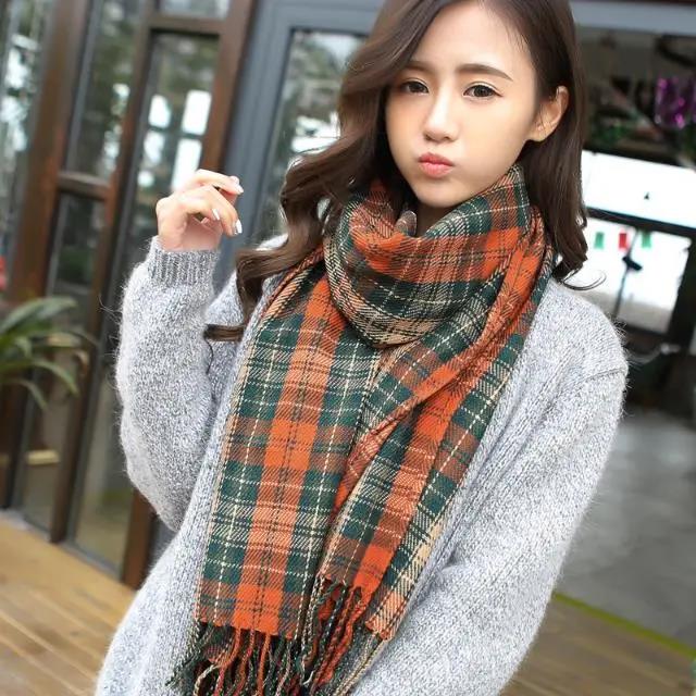 Women's Scarf Winter Thickening and Long Tassel Scarf Korean Color Plaid Knitted Scarf Shawl Dual-use