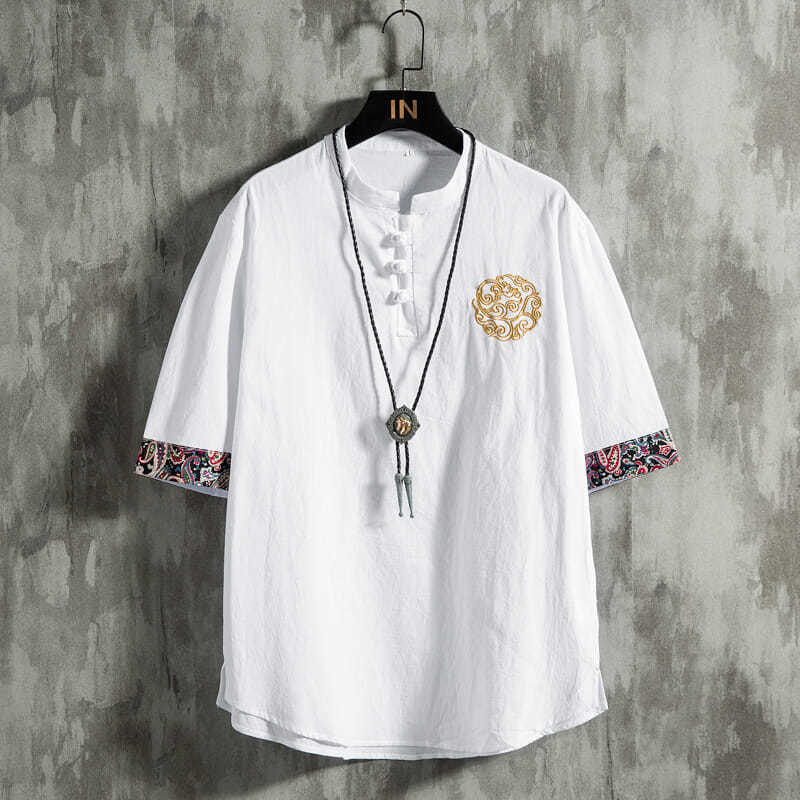 Chinese Style Linen Embroidery Men's T-shirt Summer Loose Short-sleeved Cotton and Linen Clothes