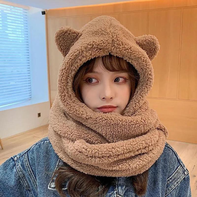 Women's Bear Ears Hat Scarf Gloves Set One-piece All-match Cute Plush Winter Scarf Hooded Cap Riding Windproof Warm Hat Face Ear Protection Hat