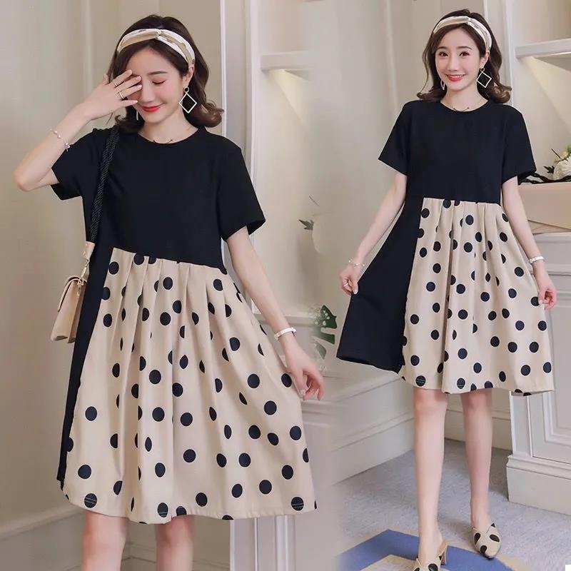 Loose Mid-length Polka Dot Pattern Short-sleeved Dress Mid-length Loose Large-size Dress Ladies Casual Dress Sweet Temperament