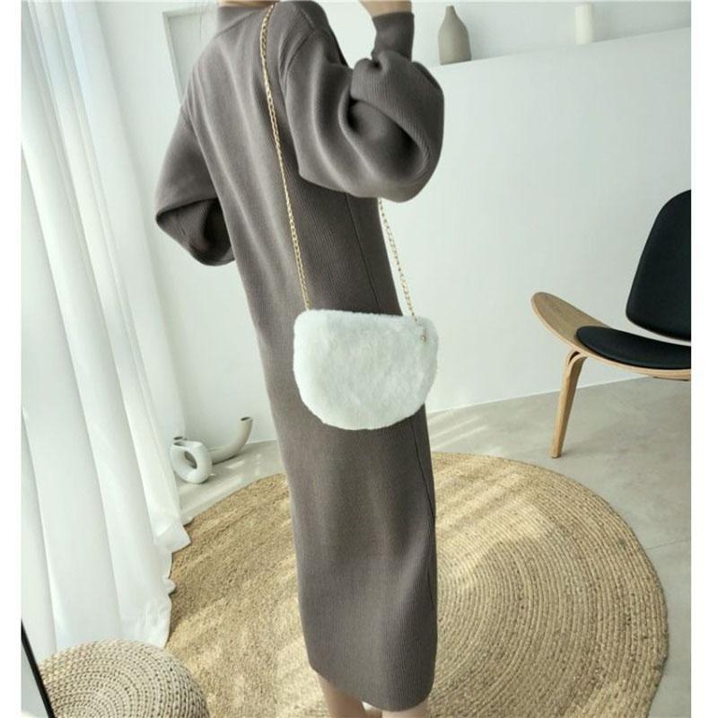 Autumn and Winter Casual French Dress INS Style V-neck Lantern Sleeve Bottoming Dress Fashionable Knitted Female Sweater Dress