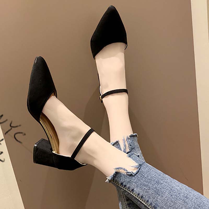 Shoes Female Students Korean Style Single Shoes Female Summer Wild Mid-heel Pointed Toe Buckle Thick Heel High-heeled Shoes Female Sandals