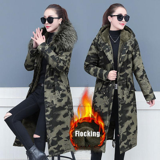 Female Camouflage Parka Coat  Winter Long Cotton-padded Jacket Flocking Hooded Cotton-padded Jacket Winter Print Overcoat