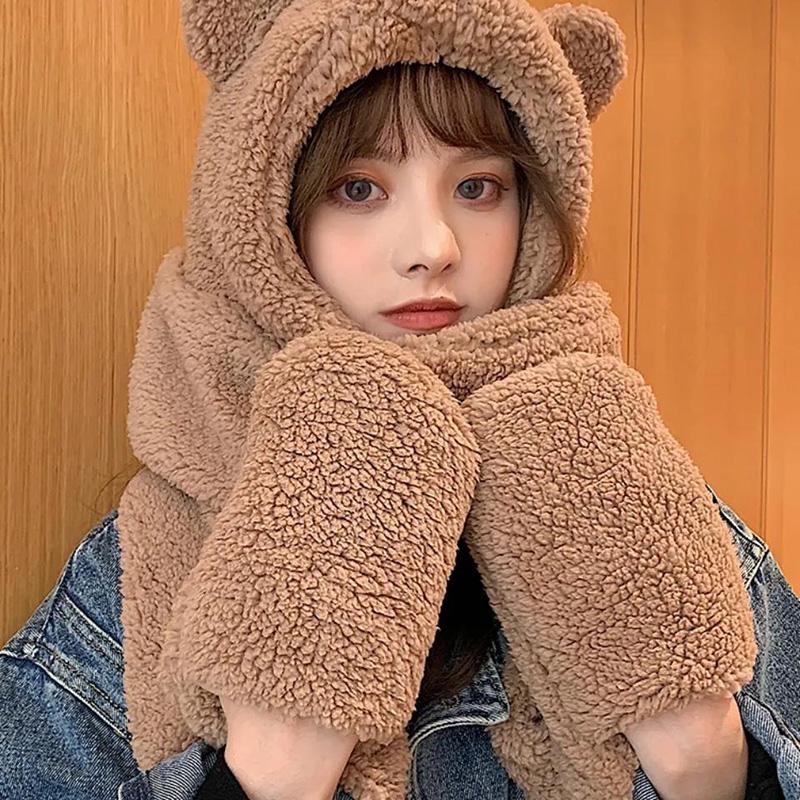 Women's Bear Ears Hat Scarf Gloves Set One-piece All-match Cute Plush Winter Scarf Hooded Cap Riding Windproof Warm Hat Face Ear Protection Hat