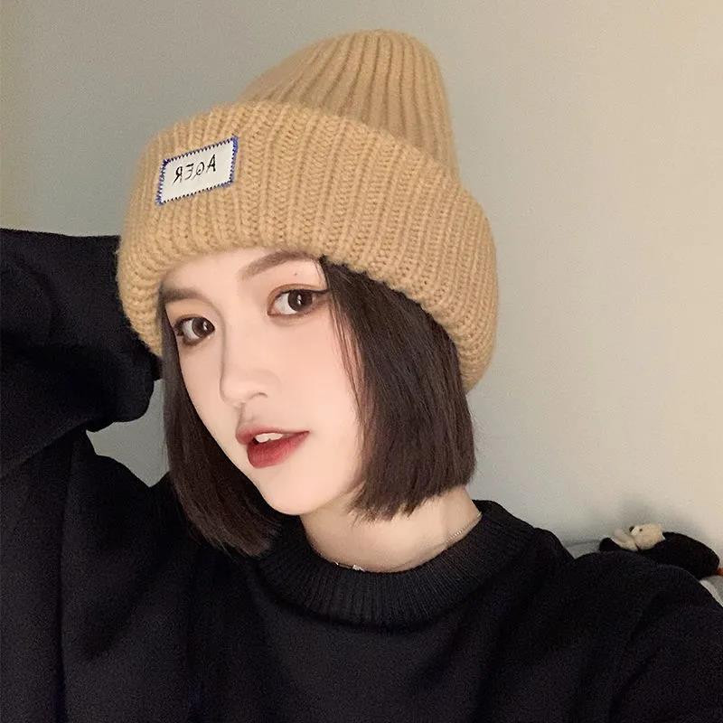 Winter Woolen Hat Korean Fashion Wild Ultra-thick Knitted Hat Plus Velvet Soft Patch Hat for Women