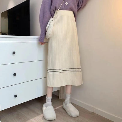 Knitted Skirt Autumn and Winter Women's High Waist Mid-length All-match A-line Skirt Covering Crotch