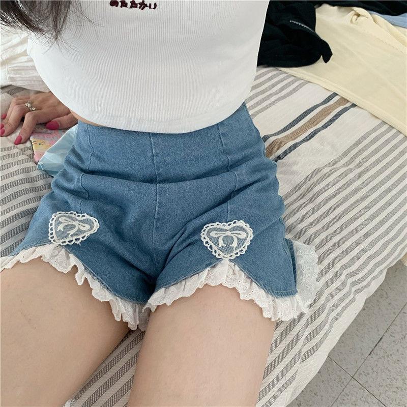 WTEMPO Lace High Waist Denim Shorts Women Student Loose Spring and Summer Wide Leg A-line Thin Casual Shorts