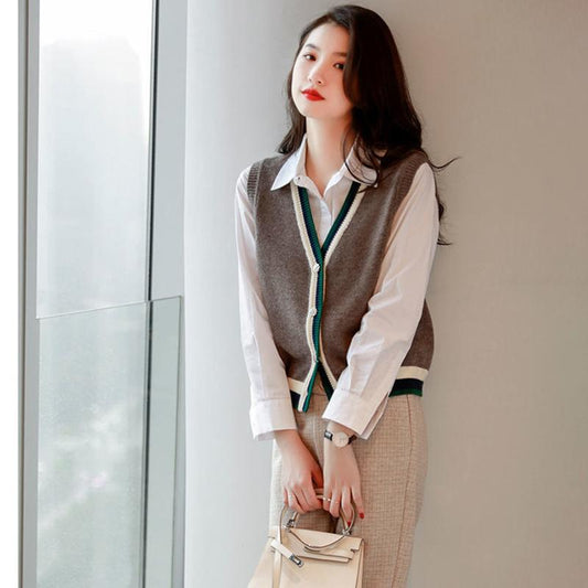 Spring and Autumn All-match Temperament Sleeveless Contrast Color Knitted Cardigan Vest Vest Sweater Jacket Women's Thin Sweater