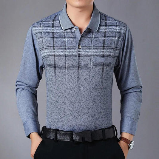 Men's Cotton Plaid Printed Polo Shirt Long-sleeved T-shirt Middle-aged Elderly Spring and Autumn Thin Tops Casual Business Lapel Shirts