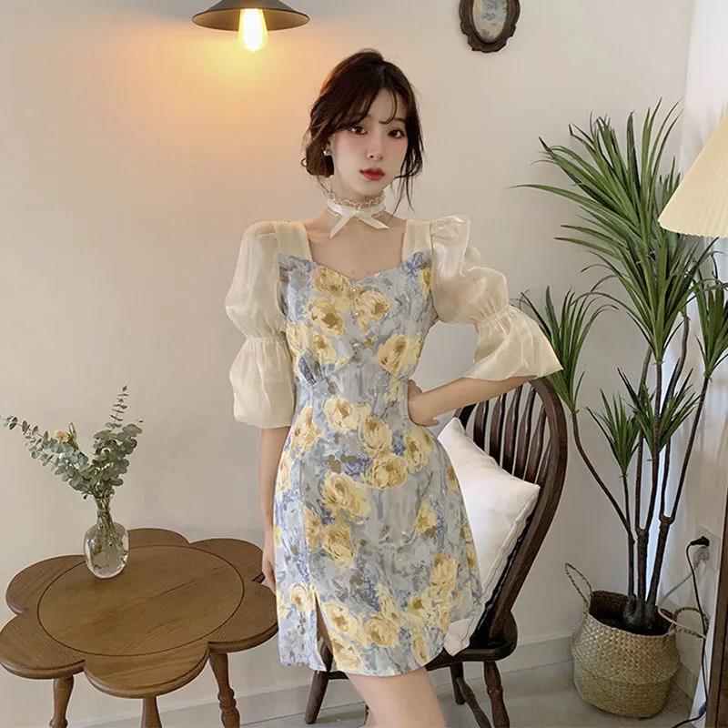 Female Vintage High Waist Super Fairy Holiday Dress Elegant Slim Floral Print Pleated Split Dress