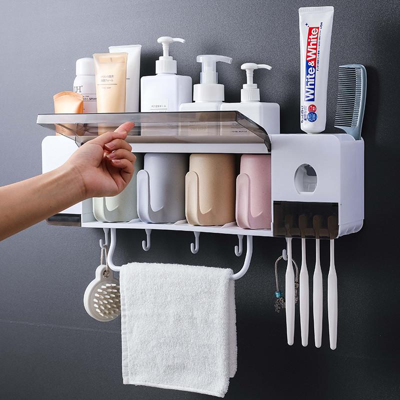 Dust-proof Wall-mounted Toothbrush Holder Set with Towel Rack Toothpaste Squeezer Cups