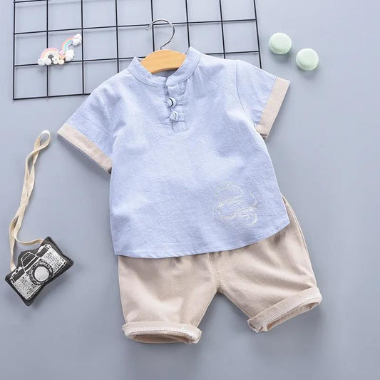 Children's Suit Summer Thin Boys Girls Loose Printing Dragon T-shirt Shorts Two Piece Set Chinese Style Pleated Button Ventilation