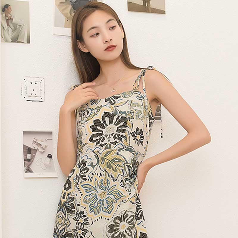 French Sling Dress Summer Dress Print Women's Loose Slim Square Neck Mid Length Skirt