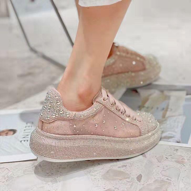 Women's Summer Platform Shoes Thick Bottom Full Diamond Fashion All-match Sneakers Sports Casual Shoes Shining Rhinestone Small White Shoes