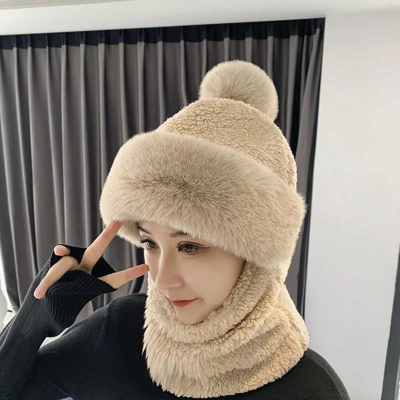 Women's Winter Plus Velvet Thick Windproof Hat Knitted Woolen Hat Scarf One