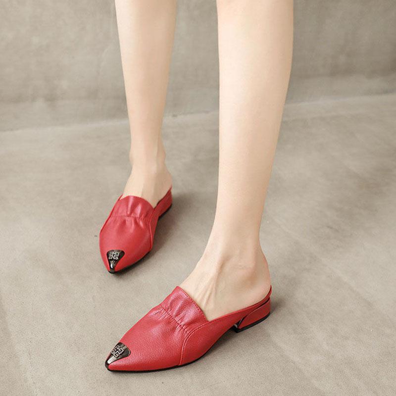 Soft Leather Slippers Summer Wear Fashion Ladies Toe Cap Sandals Red Women Leather Shoes