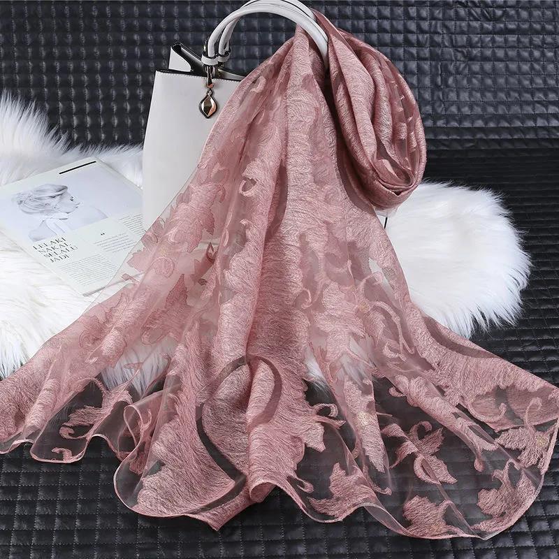 Women's Acrylic Linen Lace Silk Scarf Neck Conver Korean Scarves Long Gauze Scarf Pure Color Auspicious Cloud Embroidery Cut Flower High Quality Shawl