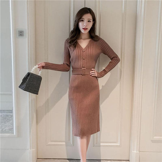 Autumn and Winter Long Sweater Dress Over The Knee Knit Bottoming Shirt V-neck Slim Dress