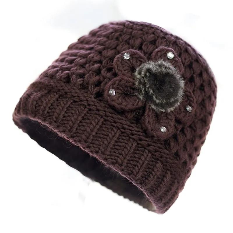 Women's Autumn and Winter Vintage Hat Mother Knitting Wool Thickening Plus Velvet Padded Warm Hat Handmade Knitted Floral Retro Cold-resistant Cap