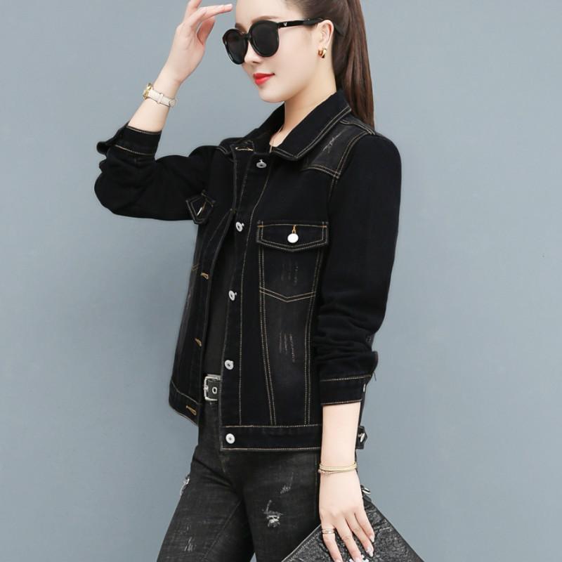 Denim Jackets Cotton Single-breasted Solid Ladies Turn-down Collar Spliced Autumn Outerwear Hole Coat Tops Female