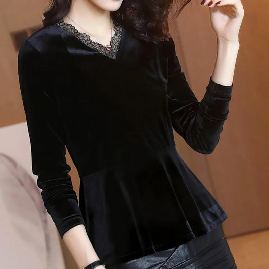 Autumn Spring Lady Blouse Lace V-neck Velvet TShirt Women's Loose Slim Long Sleeve Tops Feminine Pullover