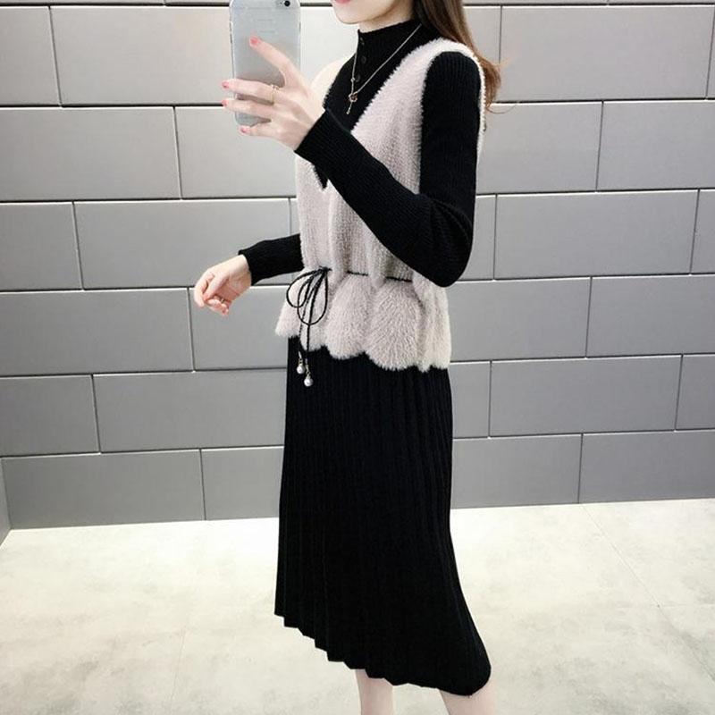 Women's Sweater Dress Set Autumn Waist Knit Mohair Vest and High Neck Slim Sweater Dress Two-piece Suit Ladies Outfits