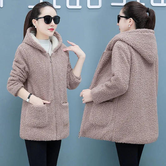 Autumn Winter Sheep Shearing Padded Jacket Women Plus Velvet Thickening All-match Mid-length Lamb Velvet Jacket Women