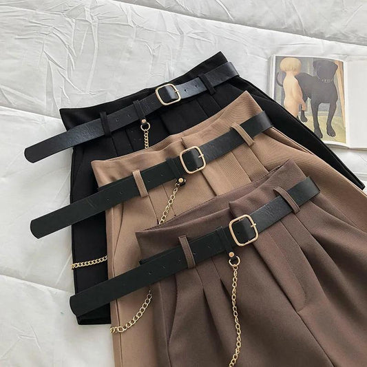 Women Shorts Spring Summer Large Size Solid Color Short Pants Office Lady Mid-waist Loose A-line Chain Shorts with Belt Suit Shorts