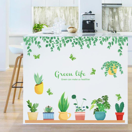 fresh green leaf potted Nordic plant removable summer spring wall sticker