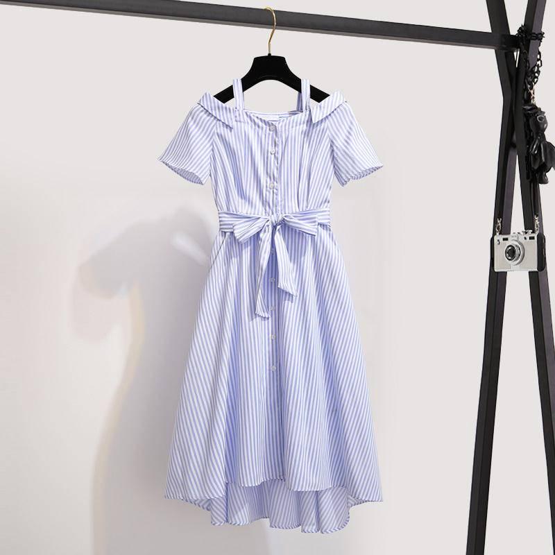 Pofulove Striped shirt dress summer women's midi loose off-shoulder pleated strap dress with belt