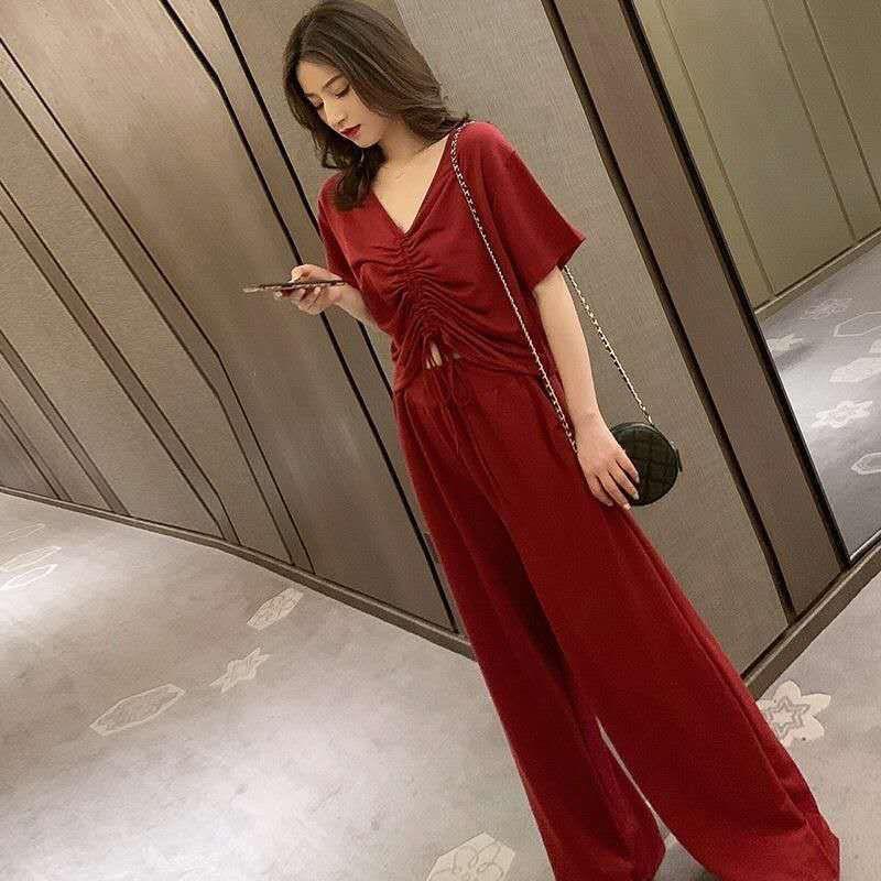 Casual Two-piece Women's Summer Slim Short-sleeved T-shirt Women's High-waist Wide-leg Pants Suit V-neck Short-sleeved Top Sexy Waist Slimming