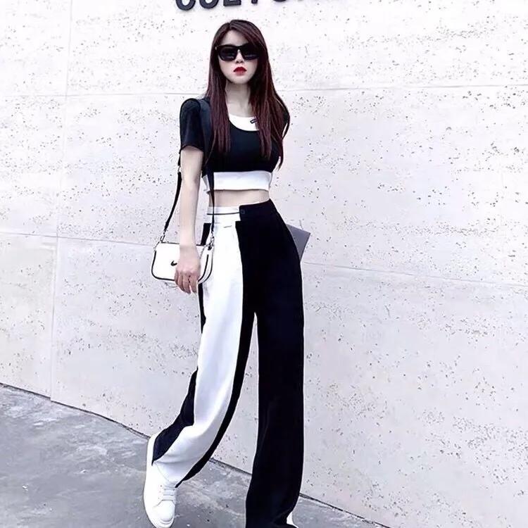 2PCS Women's Summer Sports and Leisure Age Reduction Suit Short T-shirt + High Waist Wide Leg Pants Suit Two-piece Set